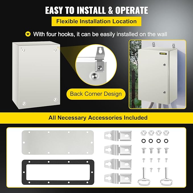 VEVOR NEMA Steel Enclosure, 24 x 16 x 10'' NEMA 4X Steel Electrical Box, IP66 Waterproof & Dustproof, Outdoor/Indoor Electrical Junction Box, with Mounting Plate