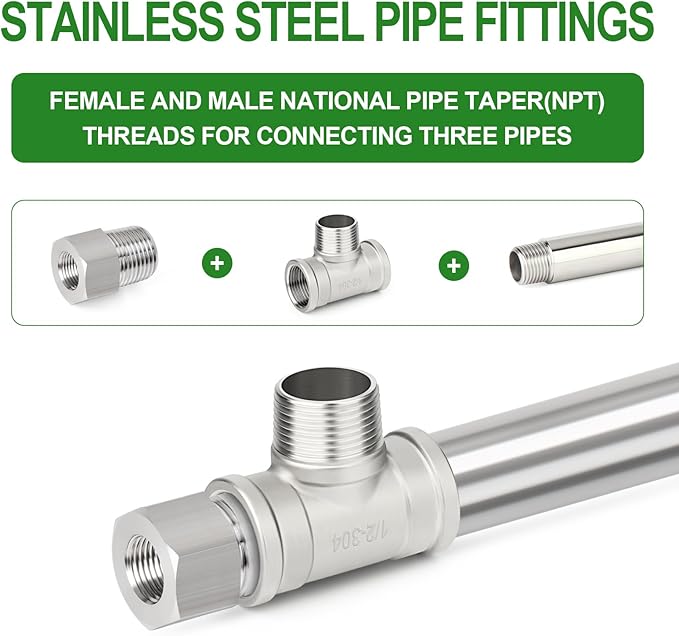 TAISHER 2PCS 304 Stainless Steel Tee Pipe Fittings, 1/2" NPT Female x 1/2" NPT Male x 1/2" NPT Female Pipe Fittings, Male Branch Tee
