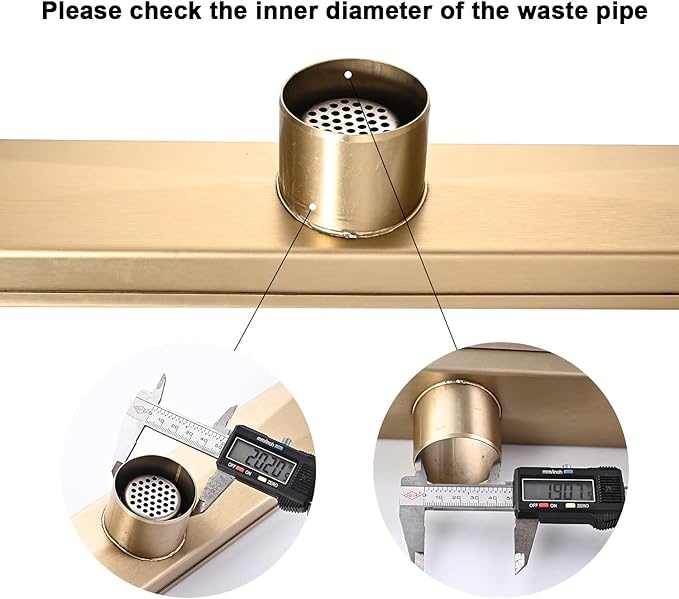 Linear Shower Floor Drain, Brushed Gold 42 Inch 304 Stainless Steel Bathroom Drains Kit, Rectangular Shower Trench Drain with Reversable Tile-in Pattern Drain Cover & Hair Catcher
