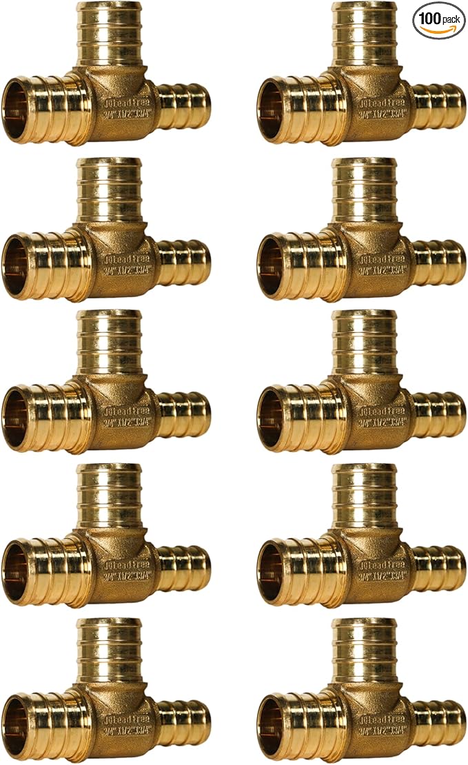 XFITTING 3/4 inch x 1/2 inch x 3/4 inch Pex Tee, Pex B Reducing Tee Crimp Version 25-1-3=100X, 100 Pieces
