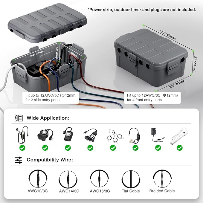 Flemoon 2-Piece Outdoor Waterproof Electrical Box Set – 12.5" x 8.5" x 5" Large Electrical Box & 11.3" x 4.3" x 3" Extension Cord Cover for Power Strip, Outlet, Holiday Light, Gray