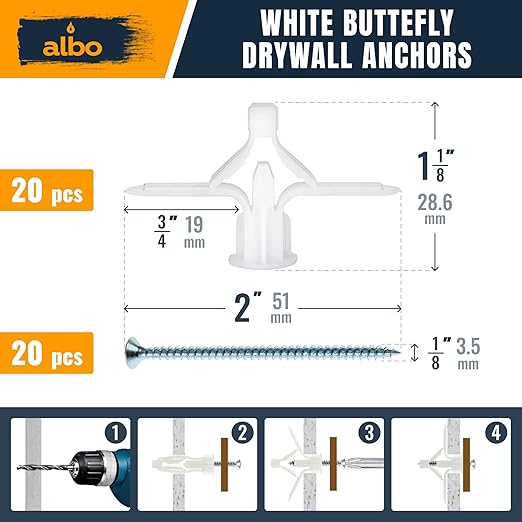 ALBO Drywall Anchor Kit with Screws - 120 Pcs Hollow Wall Set (Grey Butterfly, White Butterfly, Self Drilling, Screws) - Plastic Anchors for Drilling Hollow Walls