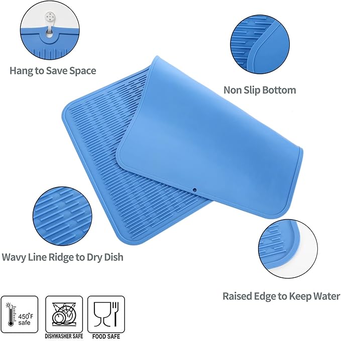 Silicone Dish Drying Mat for Multiple Usage,Easy clean,Eco-friendly,Heat-resistant Silicone Mat for Kitchen Counter or Sink,Refrigerator or Drawer Liner Lichen BlueL 3XL 28 inches x 18 inches