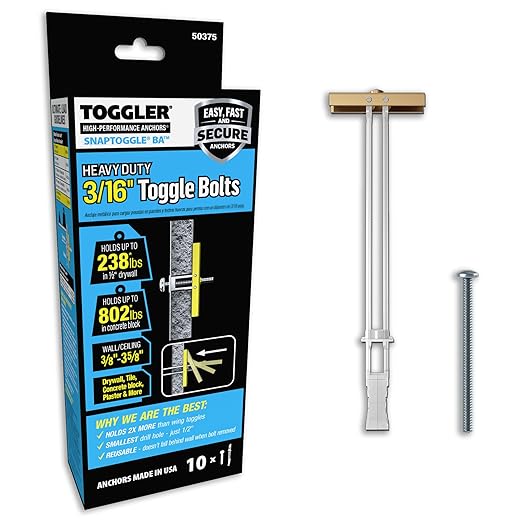 TOGGLER SNAPTOGGLE Heavy-Duty Drywall Toggle Bolt – 3/16"-24 UNC Zinc-Plated Anchor for Hollow Walls, Plaster & Tile – Holds 238 lbs in 1/2" Drywall, Easy Install – 10 Pack (with Bolts)