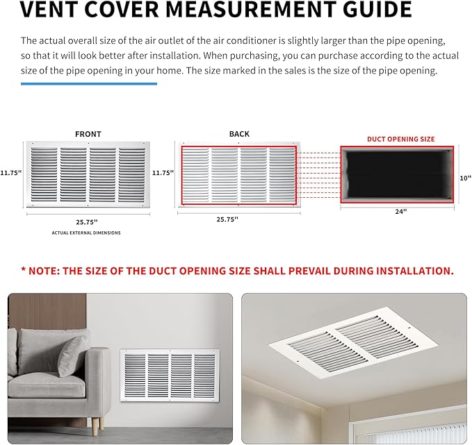 24x10 Return Air Grille(Duct Opening Size),Air Return Vent Cover,Flat Vent Cover,Rejillas De Aire Acondicionado Para Casa,Return Air Grilles,Outer Dimensions:25.75"Wx11.75"H(24"W x 10"H, Duct Opening)