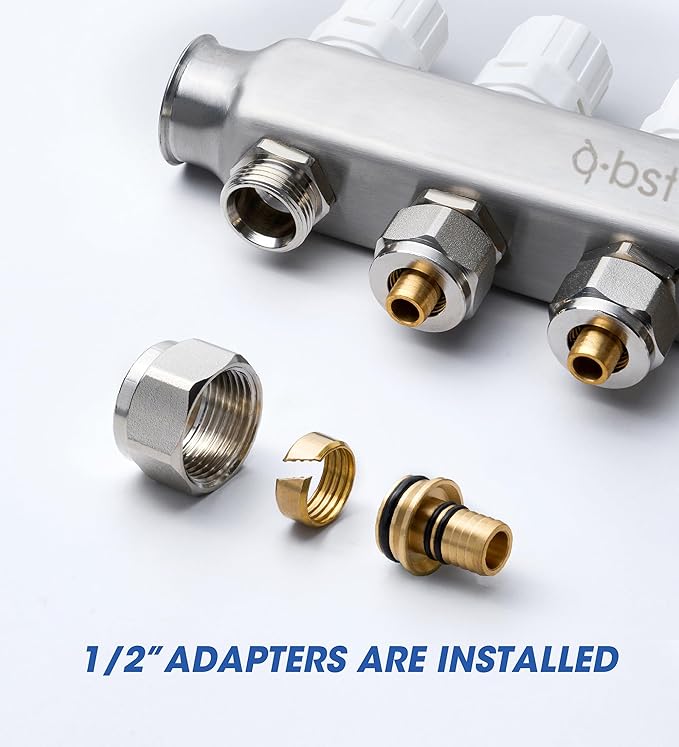 ABST PEX Manifold,5 Loop Stainless Steel Floor Radiant Heat Manifold Kit with 1/2" Adapters Included for Hydronic Radiant Floor Heating