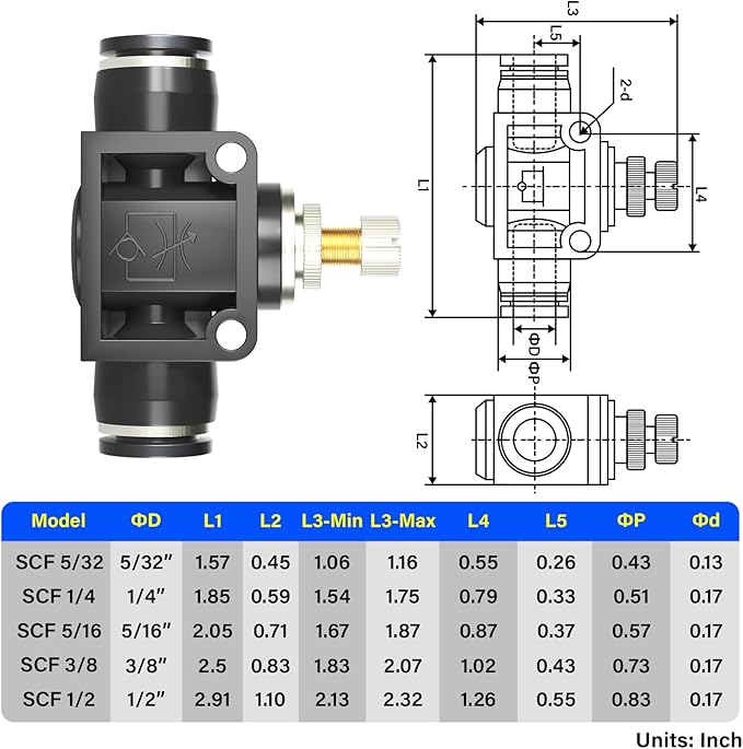 TAILONZ PNEUMATIC SCF-1/2 Air Flow Control Valve with Push-to-Connect Fitting, in-Line Speed Controller Union Straight - 1/2 Inch Tube OD x 1/2 Inch Tube OD（Pack of 1）