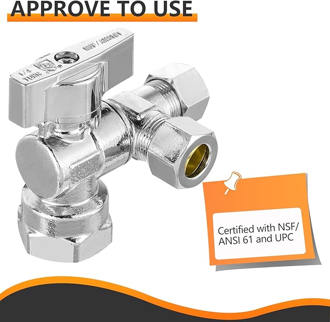 5-PCs HeSun Quarter-Turn Angle Stop Valve, 1/2" FIP x 3/8" OD Comp x 3/8" OD Comp, Dual Compression Outlet Shut Off Valve, PEX Chrome Plated Brass(VALVE209-5)