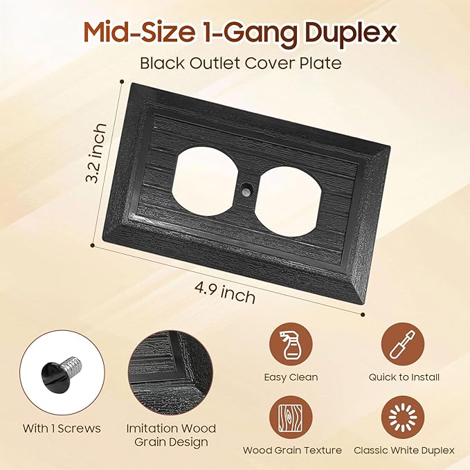 4-Pack Black Outlet Covers Plate, Classic Retro Wood Grain Design Style, Modern Decorative Electric Receptacle Light Switch Cover Plates (1-Gang Duplex Mid-Size)