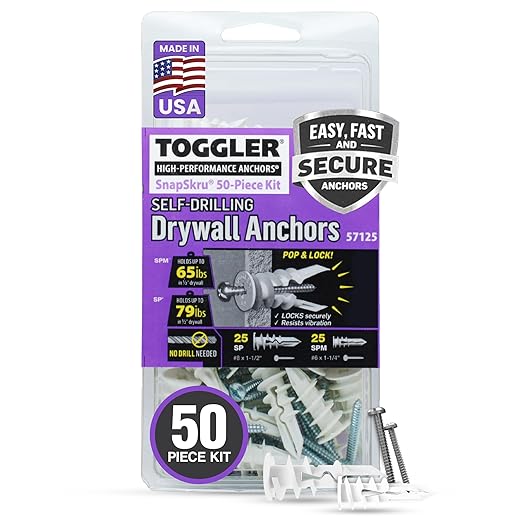 TOGGLER 57125 Self Drilling Snapskru Drywall Anchors with Screw 50-Pieces Pack