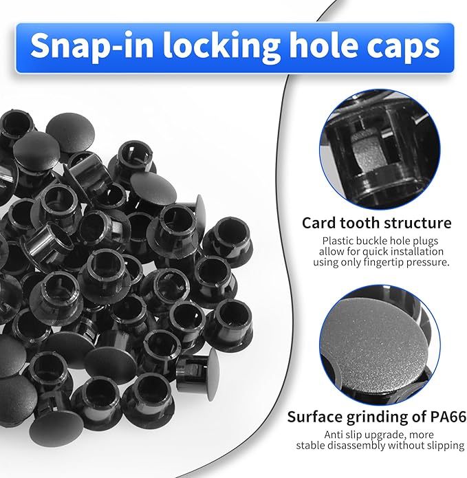 50 Pcs OD 0.236"(6mm) Black Hole Knockout Locking Plugs,Plastic Nylon Round Drilling Hole Plugs,Flush Type Panel Round Snap in Fastener,Tube Fastener Cover for Furniture Insert End Caps