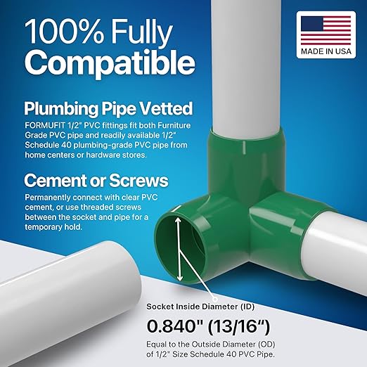 FORMUFIT 1/2” 3-Way Elbow Furniture Grade PVC Fitting in Green, Made in USA, UV-Resistant, Impact-Proof, 0.840” Actual Socket Diameter (Pack of 10)