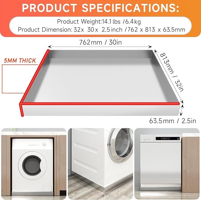 Washing Machine Pan-32" x 30" x 2.5" Heavy Duty 304 Stainless Steel Washing Machine Tray, Washer Pan, Washing Drain Pan, Protecting The Floor, Wood Deck, No Hole