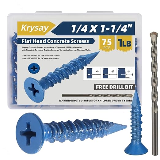 75Pcs 1/4 x 1-1/4 in Concrete Screws with Drill bits,Masonry Screws for Concrete Assortment Kit,Flat Head Block Cement Stacoo Screws and Anchors,Diamond Point,Blue Coated(1LB)
