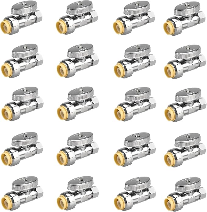 20pcs Stop Valves, 1/2" × 3/8" Straight Stop Valve, 1/2" PTC Input, 3/8" OD Compression Output, Push to Connect, 1/4 Turn, Chrome Plated Brass for Faucet, Toilet Valves, No Lead