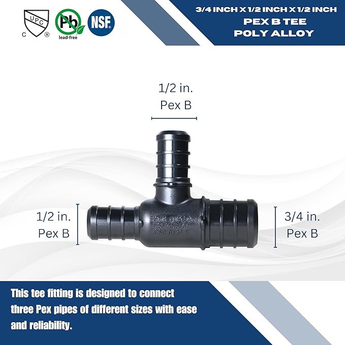 XFITTING Poly Pex B Barb Crimp 3/4 X 1/2 X 1/2 Pex B Tee, Poly Alloy, 10 Pieces