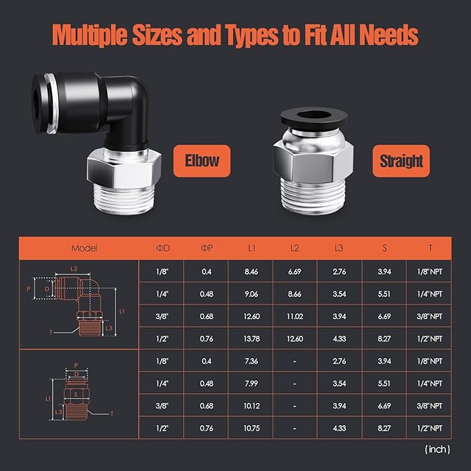 1/2"OD x 1/2"NPT Thread Push to Connect Fittings – Air Line Elbow Connectors, Quick Connect Pneumatic Fittings, Push Lock Air Hose Fittings for Compressor, Air Tools & Tubing (10 PCS)