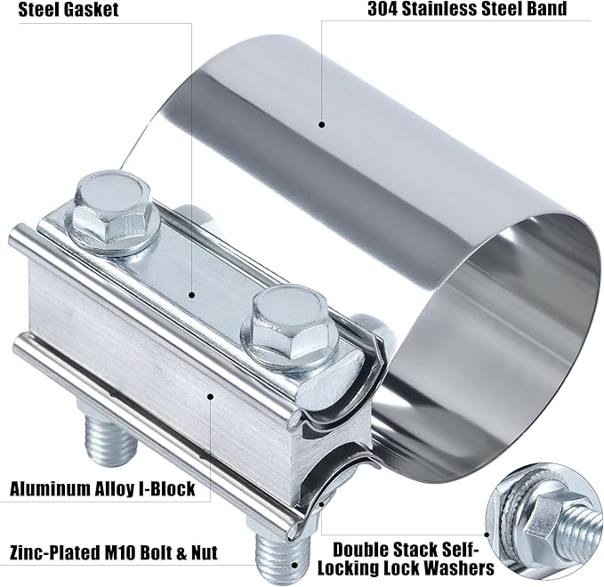 2.5 Inch Exhaust Clamp, 2 1/2 Inch Butt Joint Exhaust Pipe Muffler Band Clamp Sleeve Coupler Stainless Steel(1Pcs)