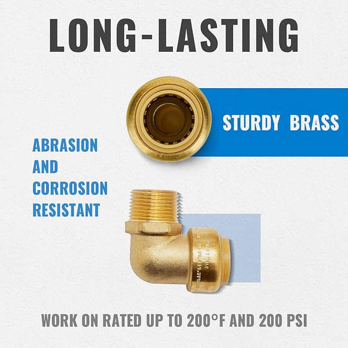 SUNGATOR 3/4 Inch Male Adapter Elbow, 3/4 Inch MNPT, No Lead Brass Push-to-Connect Plumbing Fittings for PEX Pipe, Copper, CPVC, with 1 Disconnect Clip and 1 Sealing Tape, Pack of 3