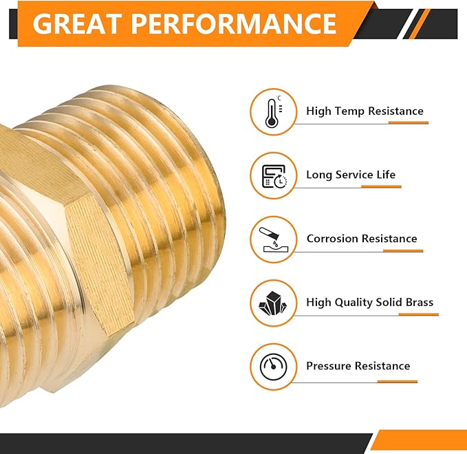 100-PCs HeSun Brass Hex Nipple Pipe Fitting, 1/2" NPT Male x 1/2" NPT Male Nipple Pipe Adapter(NPT013-100)
