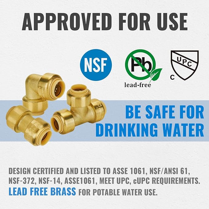 SUNGATOR Plumbing Fittings 1/2 Inch, Push Pex Fittings 1/2", 10 Each Coupling and 90 Degree Elbow, Tee (5 PCS), No Lead Brass Push to Connect Pex Pipe, Copper, CPVC, with 1 Disconnect Clip, Pack of 25