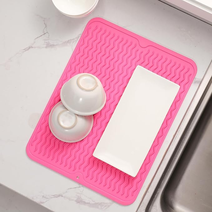 Silicone Dish Drying Mat for Multiple Usage,Easy clean,Eco-friendly,Heat-resistant Silicone Mat for Kitchen Counter or Sink,Refrigerator or drawer liner Rose L 16 inches x 12 inches