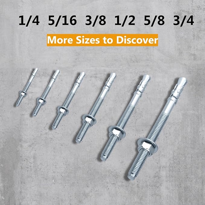 Party Animals 1/4 x 4 Inch Wedge Anchor, 5 PCs Zinc-Plated Industrial Anchor Bolts for Cement, Concrete