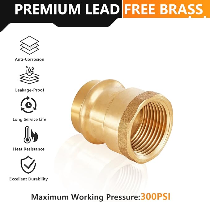 5-Pack HeSun Copper Press Fitting Adapter,3/4" Press X 3/4" Female NPT Adapter, LF Brass(PEX1807356-5)