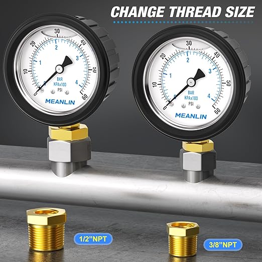 MEANLIN MEASURE 0~60Psi Stainless Steel 1/4" NPT 2.5" FACE DIAL Liquid Filled Pressure Gauge, Lower Mount (with Rubber Protective Sleeve), with 1/2" NPT and 3/8" NPT Hex Bushing