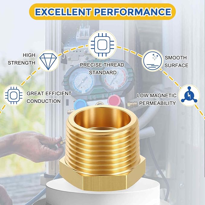 2 Pack Brass Pipe Fittings, 3/4" Male NPT to 1/4" FeMale NPT Brass Hex Bushing Reducer, Hose Tube Threaded Adapter Suitable for Air, Oil, LP, Gas
