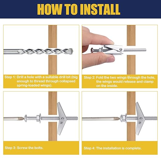 48 Sets Toggle Bolts - 1/4 3/16 1/8 Inch Butterfly Toggle Anchors for Drywall - Toggle Bolt Assortment Kit with Matching Wing Nuts, Hex Nuts, Washers