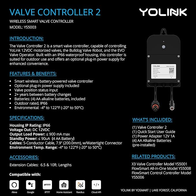 YoLink Wireless Smart Valve Control Kit, NSF Certified 1-1/2" Stainless Steel Motorized Valve, Wireless Controller 2, LoRa Long Range, D2D Offline with Leak Sensors, 2 Years Battery Backup