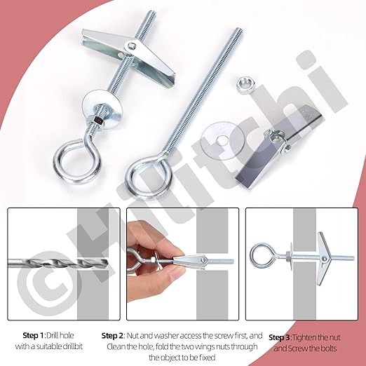 Hilitchi 15Pcs M4 O-Shaped Toggle Bolts and Wing Nut Kit Eye Bolt Toggle Anchors Set Butterfly Toggle Anchors Toggle Bolts Heavy Duty Butterfly Anchors for Hanging Lamps Heavy Items