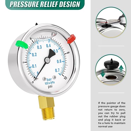 0-10PSI Stainless Steel Liquid Filled Pressure Gauge, 2.5" Dial Size, 1/4" NPT Lower Mount, for Tube, Water Pump, Gas, Liquid, Pressure Test (with Range Mark Pointer)