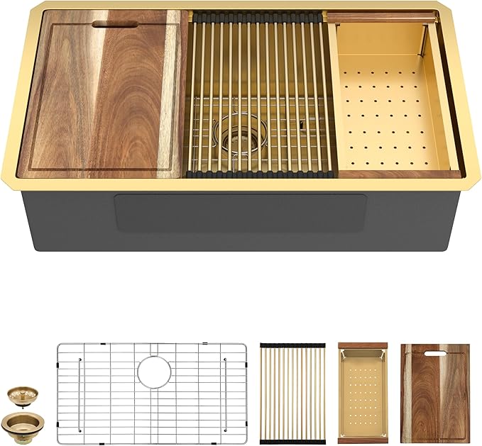 30 Undermount Kitchen Sink Gold - Fulorni 30"x19" Kitchen Sink Brushed Gold NANO-PVD Ledge Workstation 16 Gauge 304 Stainless Steel Under Counter Single Bowl Basin