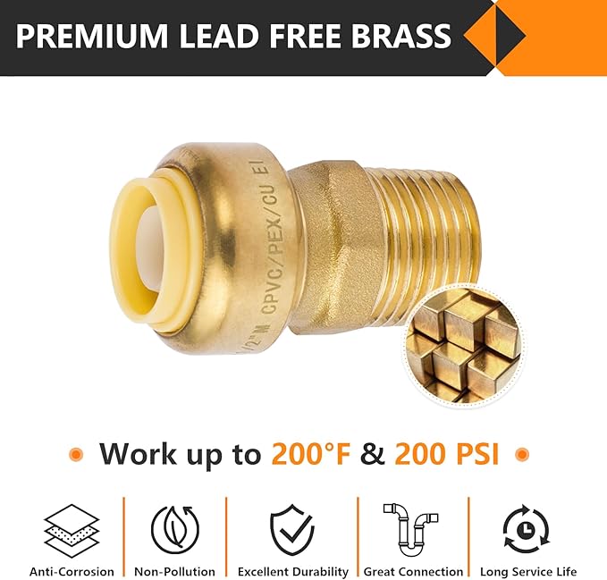 10-Pack HeSun Pushfit Male Adapter, 1/2" MNPT x 1/2" Push to Connect Plumbing Fittings with Disconnect Clip, Brass Push-fit Fittings for PEX, Copper, CPVC, PE-RT Pipes(PF021)