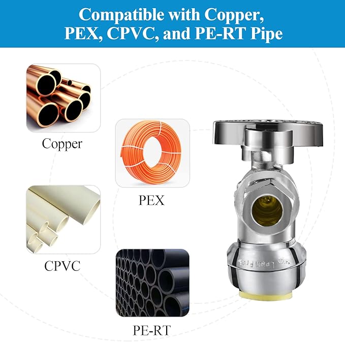 WiseWater Push to Connect Angle Stop Valve 1/2" Push x 3/8" Compression, 1/4 Turn for Quick Shut Off, Chrome Plated Brass with Disconnect Clip, for PEX, Copper, CPVC Pipes (Pack of 5)