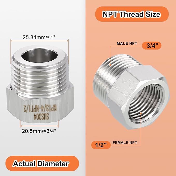 2 Pack 304 Stainless Steel Male to FeMale Adapters, 3/4" Male NPT x 1/2" FeMale NPT Hex Bushing Reducer for Industrial, Automotive, Fluid Transfer, Home Gardening, Water Treatment