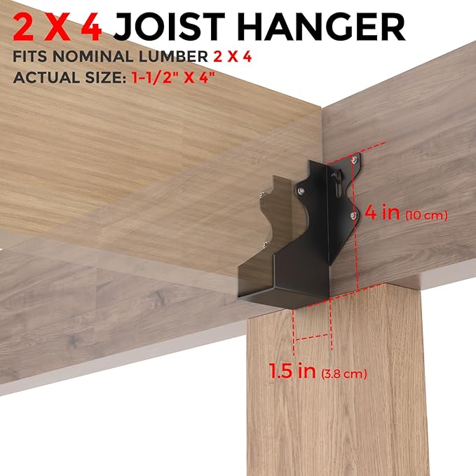 50Pcs Black 2x4 Joist Hangers for Wood,18 Gauge Metal Face Mount Joist Hanger,Lu24 Joist Hangers Powder Coating,Hurricane Ties for Rafter,Rafter Brackets 2x4 for Deck,Floor,Roof Overhang,Ceiling Joist