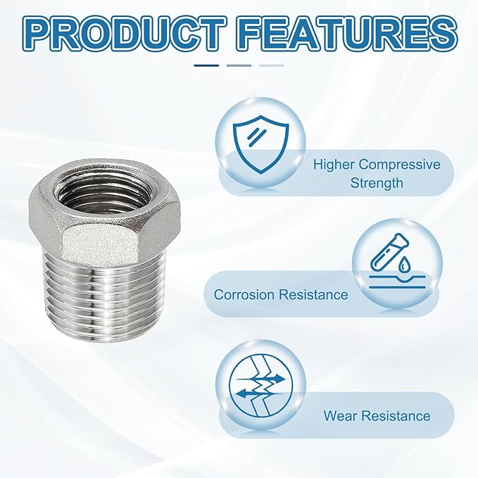 PATIKIL 304 Stainless Steel Reducer Hex Bushing 4 Pcs, 3/8" BSPT Male to 1/4" BSPT Female Pipe Reducing Adapter Fitting Connector for Water Gas Hydraulic Pipes Shower Hose, Silver