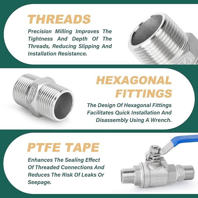 10PCS 304 Stainless Steel Hex Nipple, 3/8" Male NPT Straight Head Pipe Adapter Fittings, Equal Nipples Connectors for Oil, Water Line, Gas
