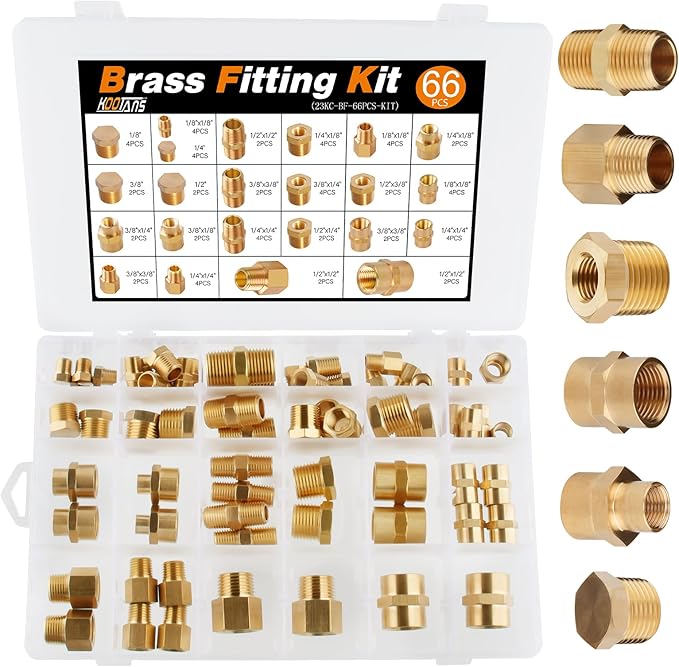 KOOTANS 66PCS Brass Pipe Fittings Assortment Kit NPT Adapter Fitting, Reducer Bushing, Hex Nipple, Reducing Hex Coupling, Pipe Head Brass Plug Kit