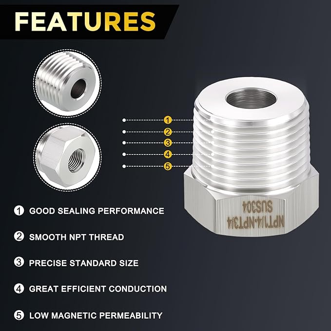 METALLIXITY 2PCS 3/4" Male NPT x 1/4" FeMale NPT Thread 304 Stainless Steel Hex Bushing Extension Tube Adapters Convert for Water Tub Spout/Shower