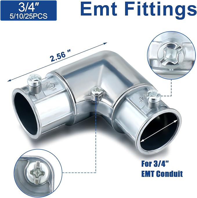 Gisafai 10 Pcs EMT Conduit Fittings Inside Corner Pull Elbow, EMT 90 Degree Metal Conduit Capped Corner Coupling, Combo Head Set Screw, Zinc Die Cast, Silver (3/4 Inch)