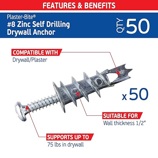 Zinc Plaster Bite Self-Drilling Drywall Anchors w/Screws (50 Anchors & 50 Screws) – Heavy Duty Zinc Hollow Wall Anchor Kit for 3/8", 1/2", 5/8" Drywall – 75 lbs Holding Strength