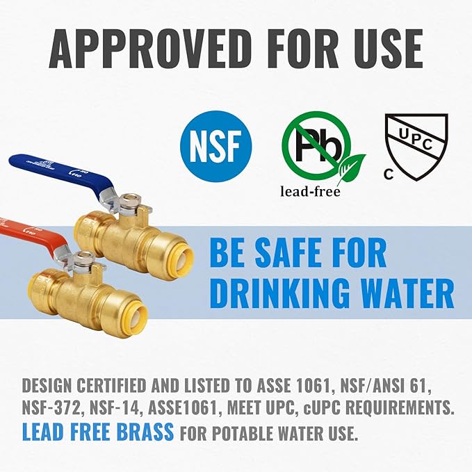 Shut Off Ball Valve 1/2 Inch, SUNGATOR 1/2 Inch Ball Valve, Push-to-Connect Water Shutoff, Easily Match to Pipe using Red and Blue Handle, No Lead Brass Fittings for PEX Pipe, Copper, CPVC, Pack of 2