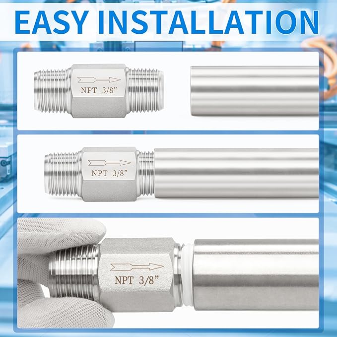 ChillWaves 304 Stainless Steel In-Line Siamese Check Valve 3/8" NPT Male Thread, One-Way Non-return Check Valve，Prevent Water Back-flow(1-PACK)