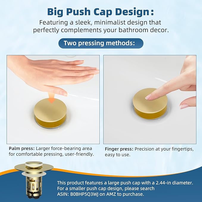Hibbent 2 Pack Upgraded 3 in 1 Bathroom Sink Drain Strainer, Pop Up Sink Stopper with Big Cap, Anti-Clogging Metal Filter Basket,Sink Plug with Hair Catcher for 1.1''~2.36'' Basin, Brushed Gold