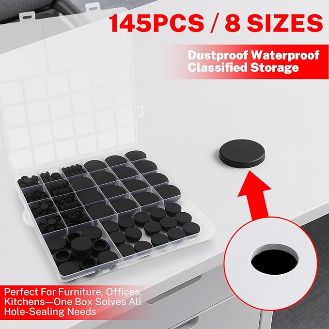 145 PCS Black Rubber Plugs, 8 Sizes of Round Hole Rubber Plugs, Round Hole Silicone Plug Snap Locks, Suitable for Automobiles and Furniture.