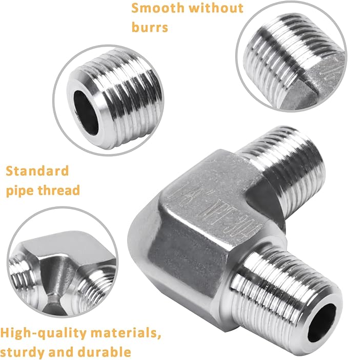 90 Degree Street Elbow - 1/8" NPT Male to 1/8" NPT Male Stainless Steel 304 Heavy Duty Forged Barstock Street Elbow Adapter Pipe Fitting (pack of 2)
